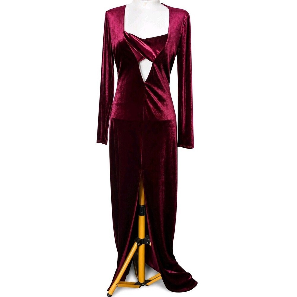 Fashion Nova Burgundy Velvet Cut Out Maxi Dress Long Sleeve Bodycon Women's